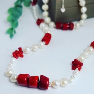 Natural coral, Freshwater Pearl set